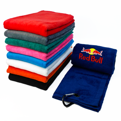 VELOUR TRI FOLDING EMBROIDERED GOLF TOWEL.