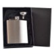 6OZ HIP FLASK in Silver with Funnel in Black Satin Lined Gift Box.