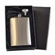 8OZ HIP FLASK in Silver with Funnel & Black Satin Lined Gift Box.
