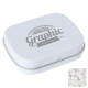 FLAT HINGED TIN with Sugar Free Mints in White.