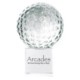 CRYSTAL 60MM GOLF BALL ON CLEAR TRANSPARENT CUBE.