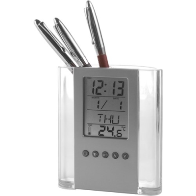 PEN HOLDER with Clock in Black & Silver.