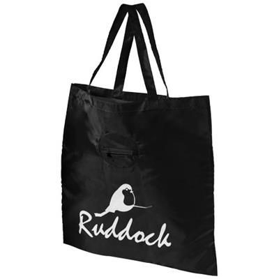 TAKE-AWAY FOLDING SHOPPER TOTE BAG with Keyring Chain in Black Solid.