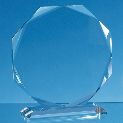 CLEAR TRANSPARENT GLASS FACETTED OCTAGON AWARD.