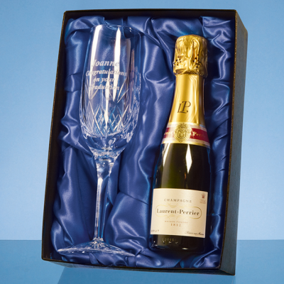 BLENHEIM SINGLE CHAMPAGNE FLUTE GIFT SET WITH a 20CL BOTTLE OF LAURENT PERRIER CHAMPAGNE.