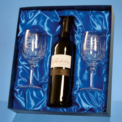 BLENHEIM DOUBLE GOBLET GIFT SET WITH a 75CL BOTTLE OF RED WINE.