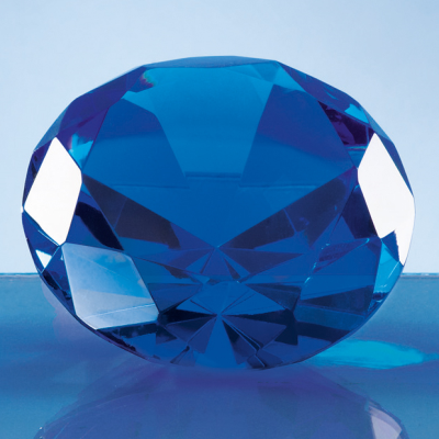 8CM OPTICAL CRYSTAL BLUE DIAMOND PAPERWEIGHT.