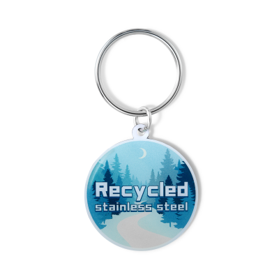 Picture of CUSTOM SHAPE RECYCLED STAINLESS STEEL METAL KEYRING CHAIN with a Full Colour Doming