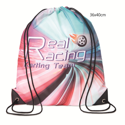 Picture of FULL COLOUR POLYESTER DRAWSTRING BAG with PU Corners