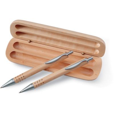 Picture of PEN GIFT SET in Wood Box in Brown.