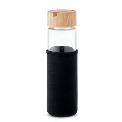 Picture of GLASS BOTTLE BAMBOO LID 600ML in Black.