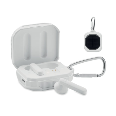 Picture of TWS EARBUDS with Solar Charger in White.