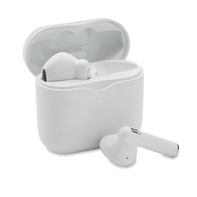 Picture of TWS EARBUDS with Charger Base in White.