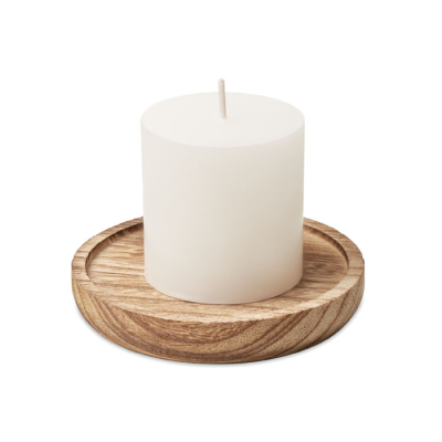 Picture of CANDLE ON ROUND WOOD BASE in Brown.