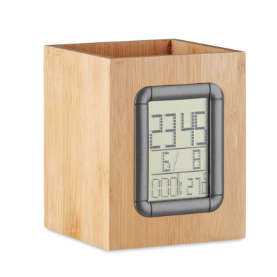 Picture of BAMBOO PEN HOLDER AND LCD CLOCK in Brown.