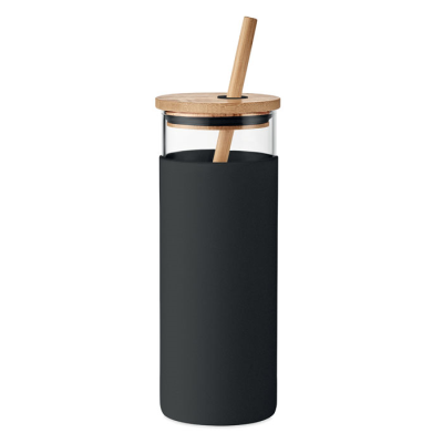 Picture of GLASS TUMBLER 450ML BAMBOO LID in Black.