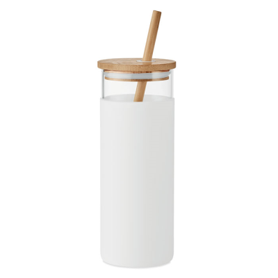 Picture of GLASS TUMBLER 450ML BAMBOO LID in White.