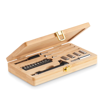 Picture of 21 PCS TOOL SET in Bamboo Case in Brown.