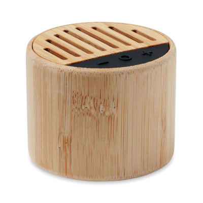 Picture of ROUND BAMBOO CORDLESS SPEAKER in Brown.