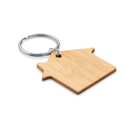 Picture of HOUSE SHAPE BAMBOO KEYRING in Brown.