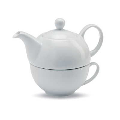 Picture of TEA POT AND CUP SET 400 ML in White.