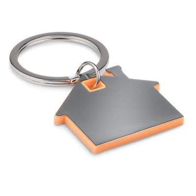 Picture of HOUSE SHAPE PLASTIC KEYRING in Orange.