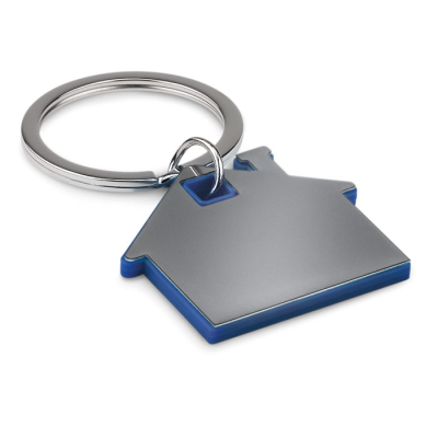 Picture of HOUSE SHAPE PLASTIC KEYRING in Blue.