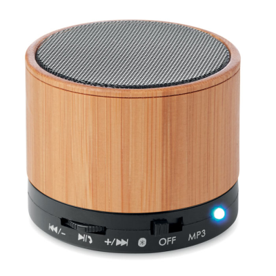 Picture of ROUND BAMBOO CORDLESS SPEAKER in Black.