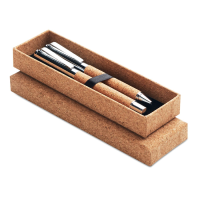 Picture of METAL BALL PEN SET in Cork Box in Brown