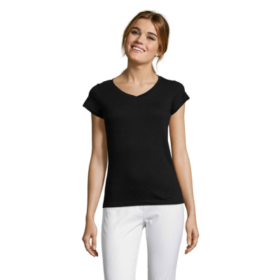 Picture of MOON LADIES V-NECK TEE SHIRT in Black.