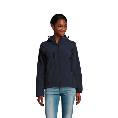 Picture of REPLAY LADIES HOOD SOFTSHELL in Blue.