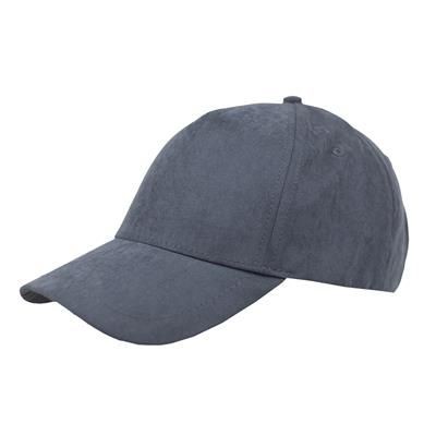 Picture of 100% HEAVY WASHED POLYESTER SUEDE 5 PANEL CAP with Brass Buckle Adjuster in Black.