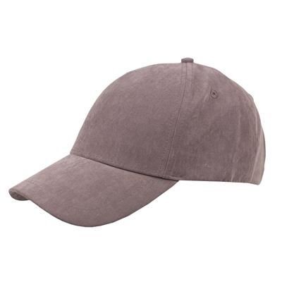Picture of 100% HEAVY WASHED POLYESTER SUEDE 5 PANEL CAP with Brass Buckle Adjuster in Brown.