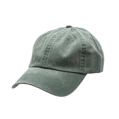 Picture of 100% COTTON PIGMENT DYED, WORN LOOK 6 PANEL UNSTRUCTED CAP with Brass Buckle in Green.