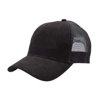 Picture of 100% POLYESTER SUEDE FRONTED 5 PANEL TRUCKER CAP with Mesh Back & Plastic Snap Adjuster in Black.