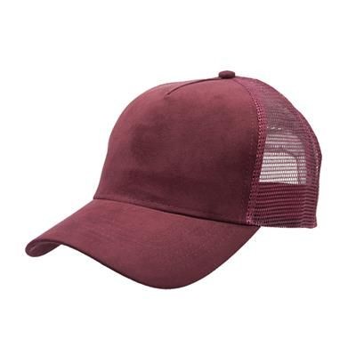 Picture of 100% POLYESTER SUEDE FRONTED 5 PANEL TRUCKER CAP with Mesh Back & Plastic Snap Adjuster in Maroon.