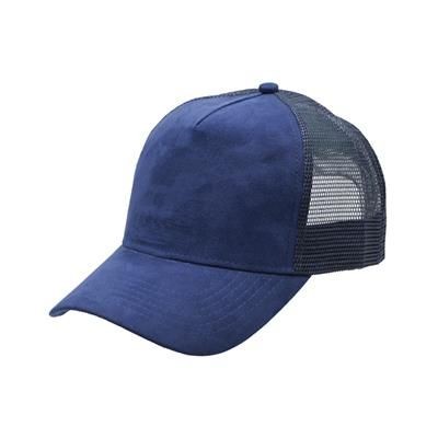 Picture of 100% POLYESTER SUEDE FRONTED 5 PANEL TRUCKER CAP with Mesh Back & Plastic Snap Adjuster in Navy