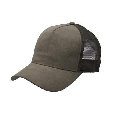 Picture of 100% POLYESTER SUEDE FRONTED 5 PANEL TRUCKER CAP with Mesh Back & Plastic Snap Adjuster in Olive