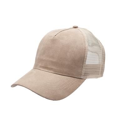 Picture of 100% POLYESTER SUEDE FRONTED 5 PANEL TRUCKER CAP with Mesh Back & Plastic Snap Adjuster in Tan.