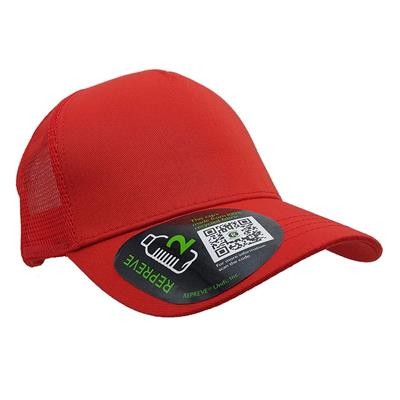 Picture of 100% RECYCLED REPREVE 5 PANEL TRUCKER HAT in Red Eco.