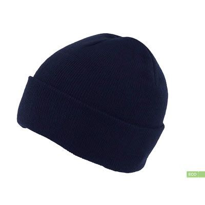 Picture of 100% RECYCLED POLYESTER KNITTED BEANIE HAT with Turn-Up in Navy Blue.