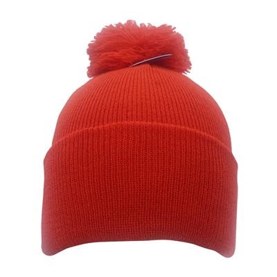 Picture of POLYLANA KNITTED BOBBLE BEANIE WITH TURN UP in Red.