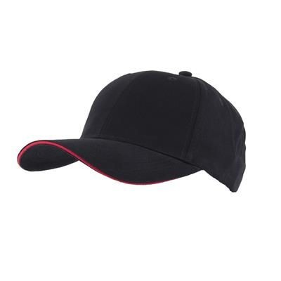 Picture of FULLY COVERED 6 PANEL BASEBALL CAP in Black & Red.