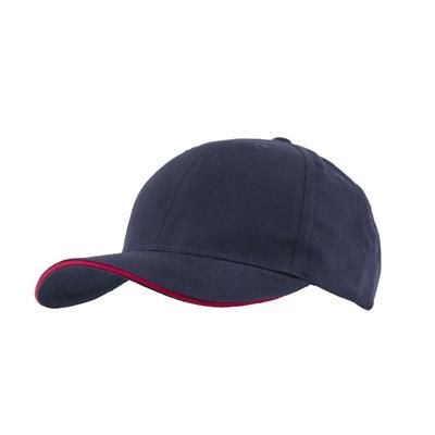 Picture of FULLY COVERED 6 PANEL BASEBALL CAP in Navy Blue & Red.