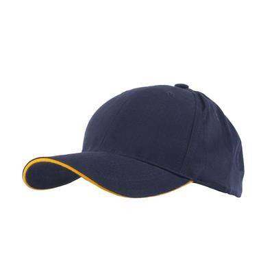 Picture of FULLY COVERED 6 PANEL BASEBALL CAP in Navy Blue & Yellow.