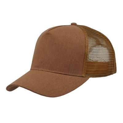 Picture of LINEN FRONTED 5 PANEL STRUCTURED TRUCKER BASEBALL CAP in Brown