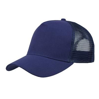 Picture of LINEN FRONTED 5 PANEL STRUCTURED TRUCKER BASEBALL CAP in Navy