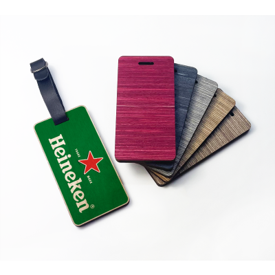 Picture of WOOD PLY LUGGAGE TAG - DESIGN 2 - with Black Leatherette Buckle Strap.