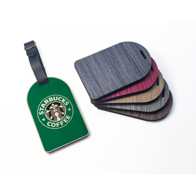 Picture of WOOD PLY LUGGAGE TAG - DESIGN 3 - with Black Leatherette Buckle Strap.