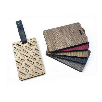 Picture of WOOD PLY LUGGAGE TAG - DESIGN 4 - with Black Leatherette Buckle Strap.